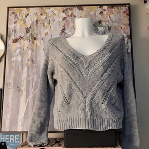 Kendall & Kylie Scoop Neck / Off Shoulder Cropped Soft & Cozy Knit Sweater Gray